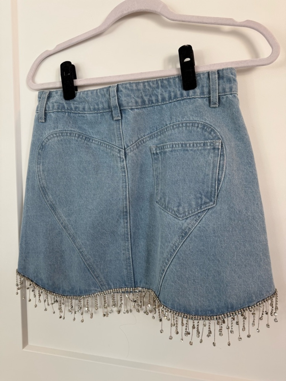 Light Blue Denim Mini Skirt w jewel fringe
